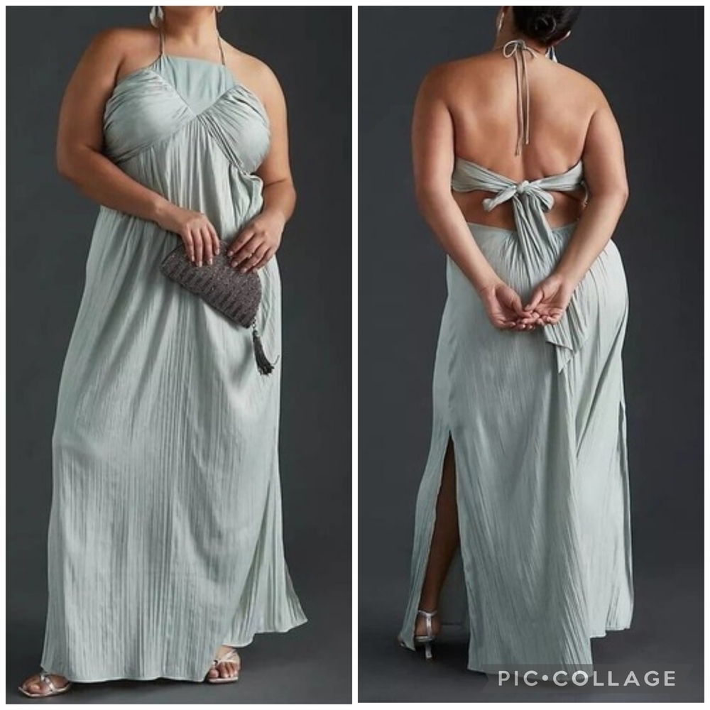 Anthropologie Plus Satin Halter Tie-Back Pleated Grecian Maxi Dress Green 3X